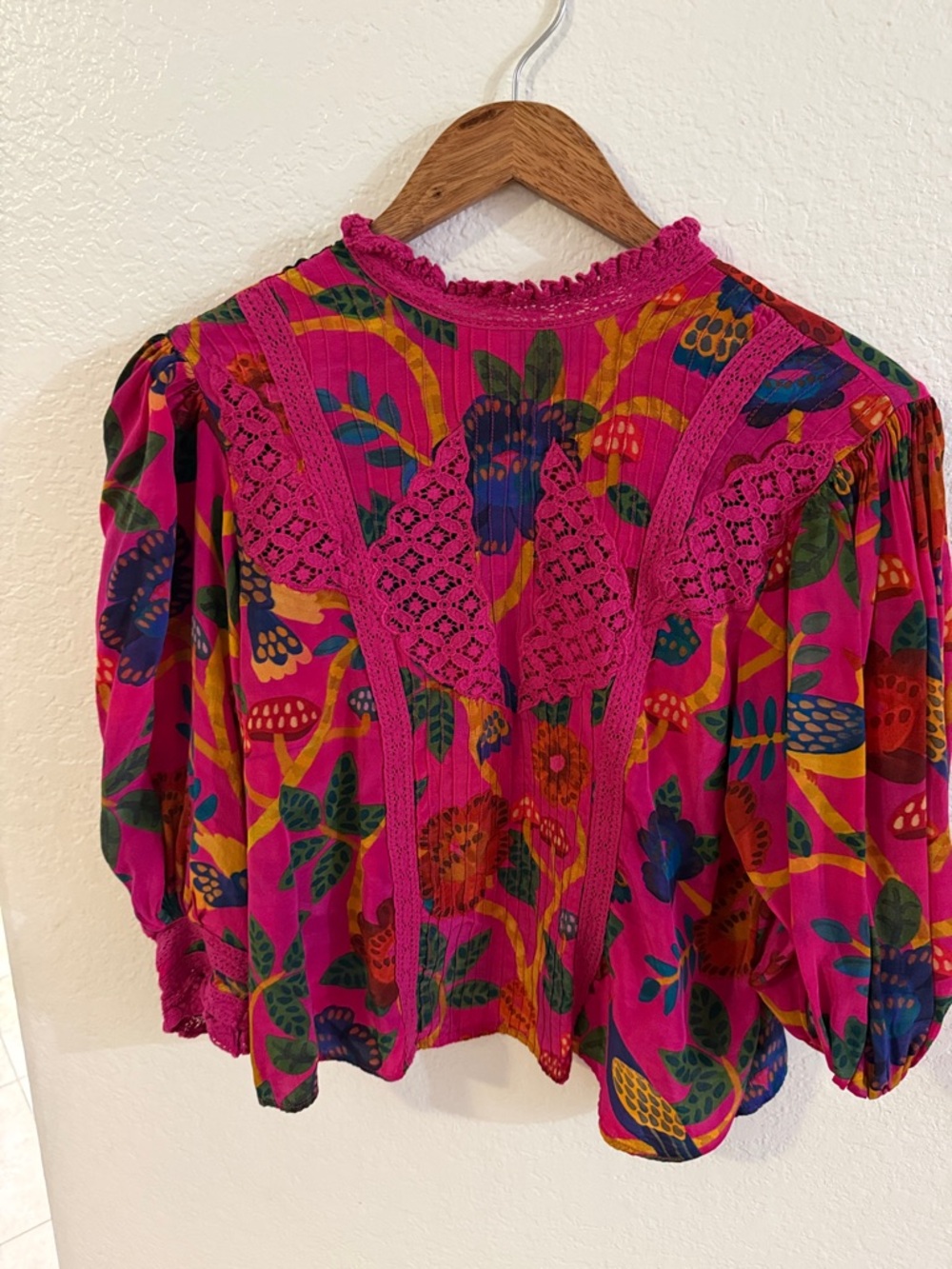 FARM Rio Fuchsia Multicolor Floral Lace-Trim Blouse